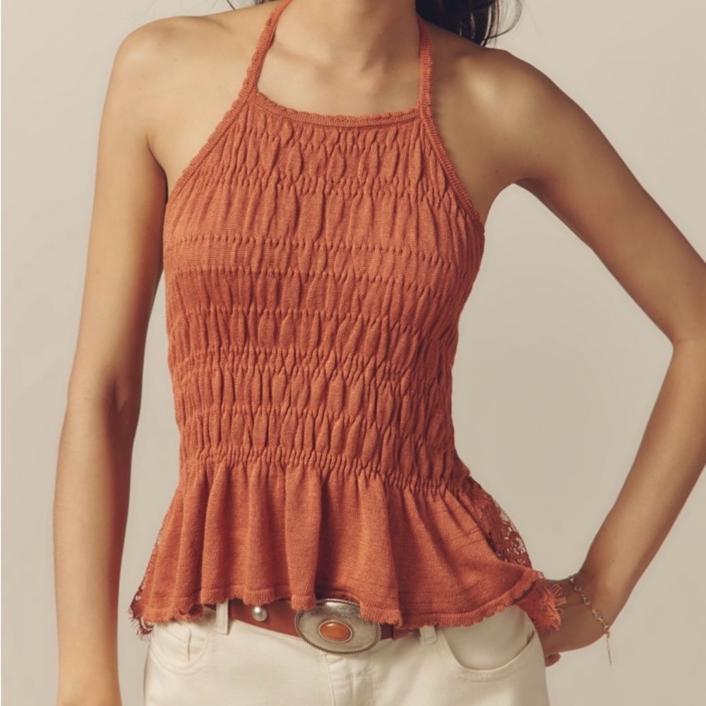 ๐ NWT ANTHROPOLOGIE Smocked Linen Lace-Trim Halter Tank Top in Burnt Orange